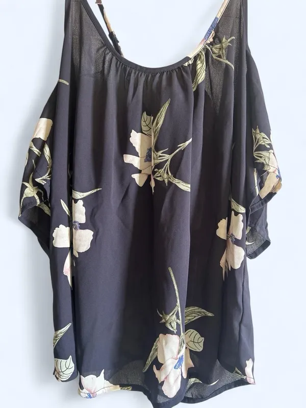 Lumière floral print on navy blouse with cold shoulder sleeves, size S - Image 2