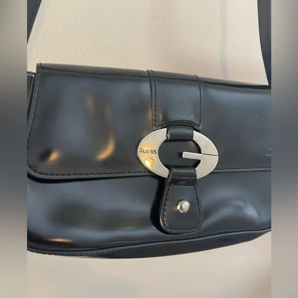 Y2K Style Black Patent Leather Guess Shoulder Bag - Image 3