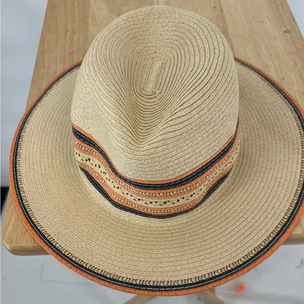 Lane Bryan Stylish Tan Wide-Brim Hat with Orange and Black Accents - Image 2