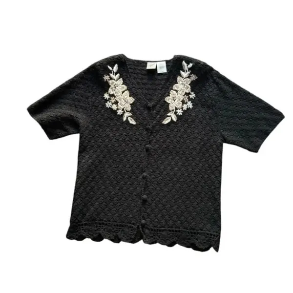 Vintage AGW Division of Graff Black Open Knit Cardigan XL Floral Embroidered - Image 3