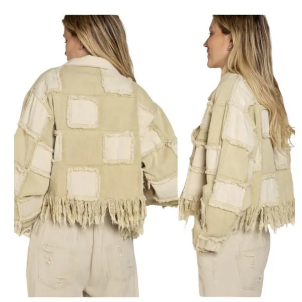POL Patchwork Fringe Jacket Mixed Media Cropped Boho Raw Edge Button Front Small - Image 3