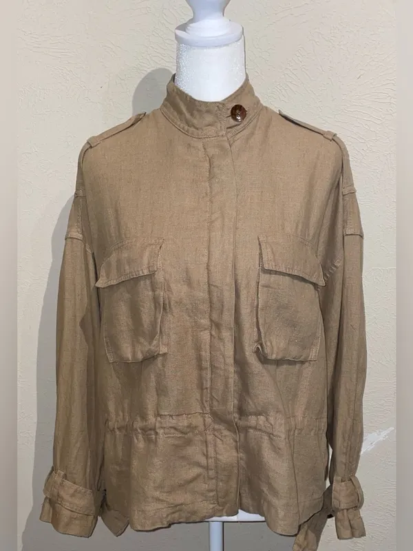 Zara Basic Women’s Size XS Tan 100% Linen Jacket Brown Utility Military Safari - Image 2