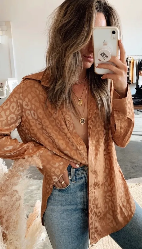 12th Tribe Gold Rush Leopard Satin Blouse Top - Image 2