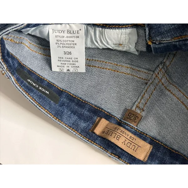 Judy Blue Wide Leg Crop Raw Hem Jeans Dark Blue High Rise Stretch Size 3/26 - Image 3