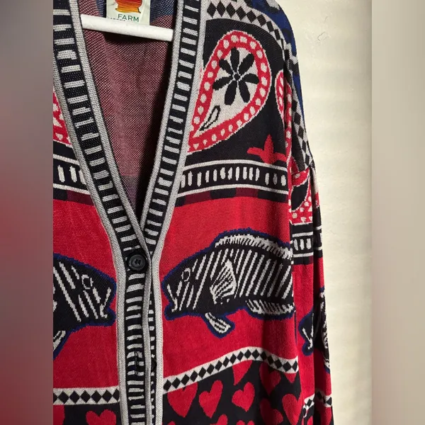 Farm Rio‎ Navy Mixed Print Knit Cardigan Sz Small Oversized Dopamine Teacher - Image 6