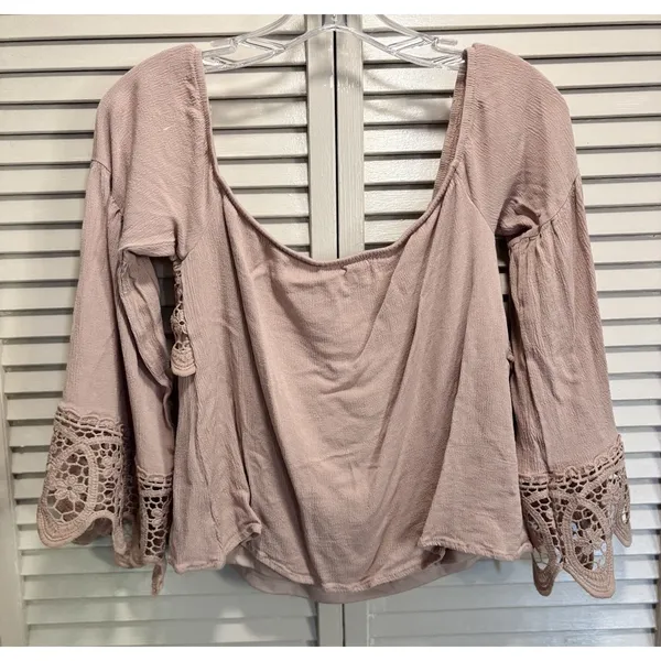 Southern Fried Chics Pink Crochet Off Shoulder Bell Sleeves Blouse Size L Boho - Image 5