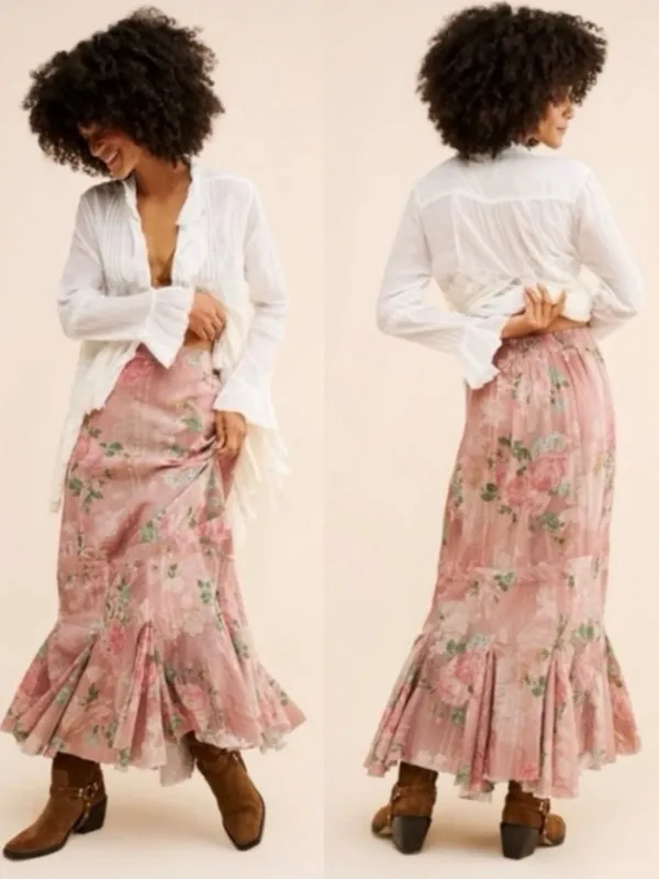 Free People Ethereal Dainty Cottage Bordeaux Floral Maxi Skirt Size Medium - Image 4