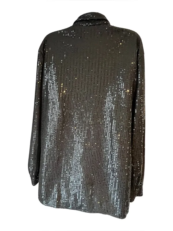 Woman's Large Black Sequin Button Down Shirt Jacket Long Sleeve Sparkle Party - Image 2