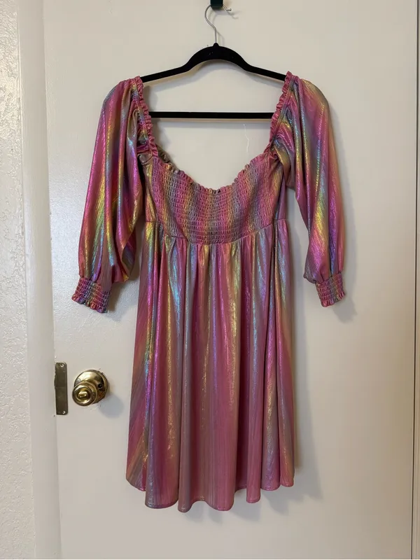 Show Me Your Mumu Downtown Mini Dress Rainbow Sunset Shine Iridescent Size L - Image 5