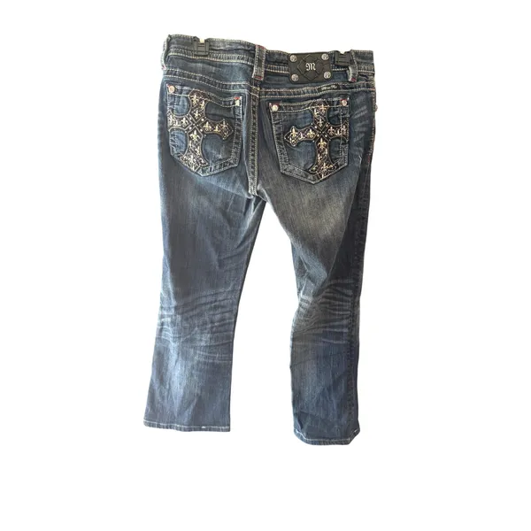 Miss Me Y2k Low Rise Capri Jeans JP5573B Dark Wash Cross Embellished Size 30 - Image 3