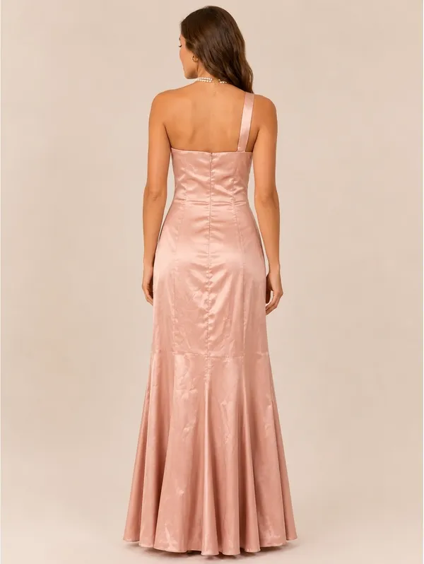 Hebeos Size 4 Blush One Shoulder Satin Formal Gown Maxi Dress Side Slit - Image 7