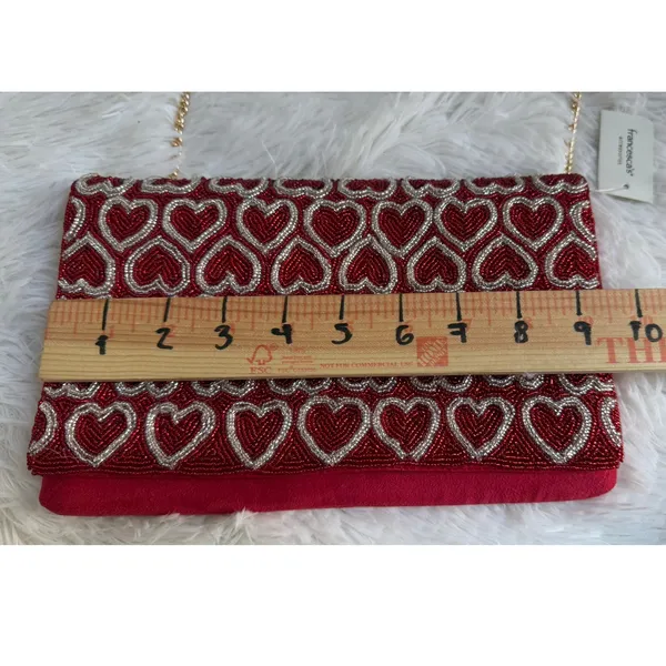 Francesca Red Beaded Heart Clutch Evening Bag Gold Chain Shoulder Strap NWT - Image 7