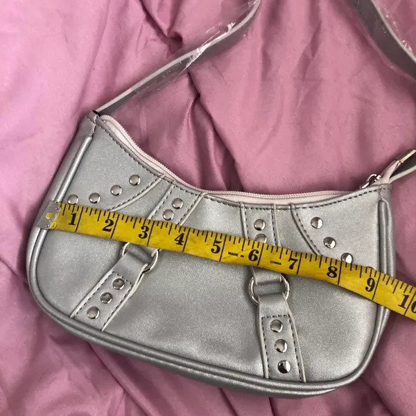 Goth Grunge Biker Y2K 2000s Style Trendy Silver Streetwear Bimbo Shoulder Hand Bag Purse Mcbling Faux Leather Studs #Acubi #Subversive #Streetwear #Punk #Baddie Measurement in pics - Image 3