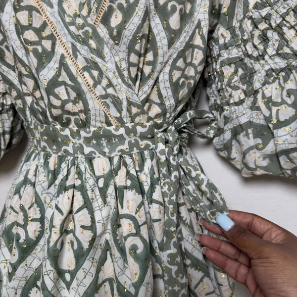 Anthropologie‎ Ash Eden Women 100% Cotton Mini Wrap Dress XS Green Cottage Party - Image 9