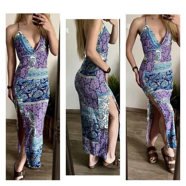 ZARA WOMAN PATCHWORK PRINT LINEN MAXI DRESS Twist Cross-BACK Size S High Slit - Image 5