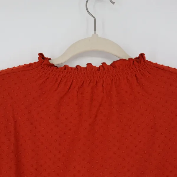 Madewell Women's Ruffle Mock Neck Short Sleeve Clip Dot Top Russet Orange Small - Image 9