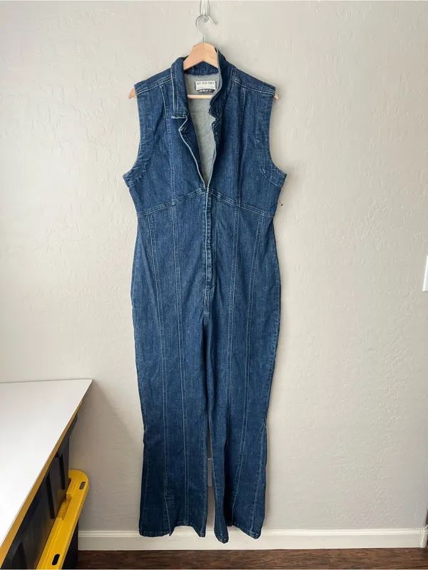 Free People Ring the Alarm Denim Sleeveless Jumpsuit One Piece Curvy XL - Image 3