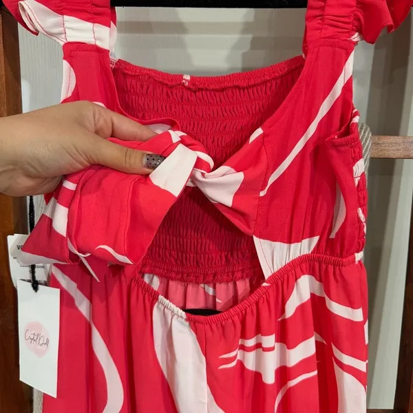 Crystal Doll Red White Smocked Tiered Maxi Dress Ruffle Straps‎ Size S NWT - Image 8