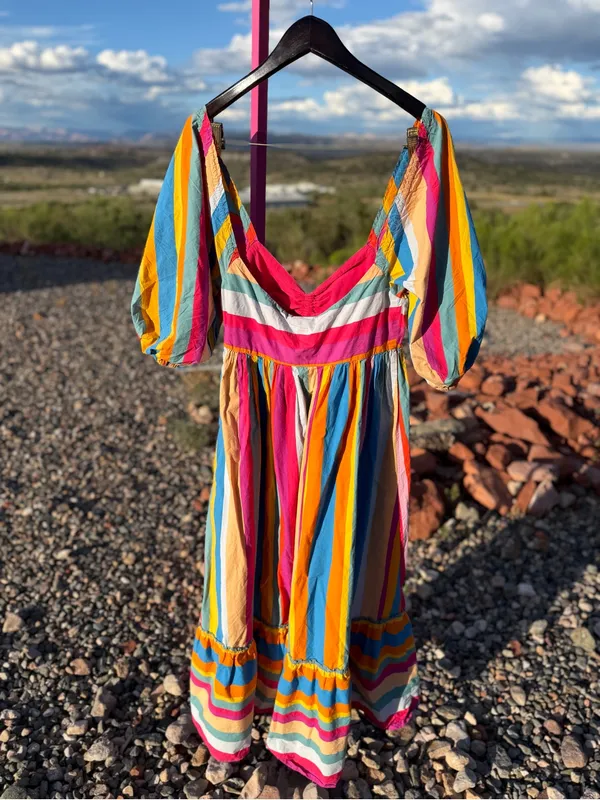 FARM Rio Rainbow Stripe Maxi Dress M Multicolor Puff Sleeve Boho Resort colorful - Image 3