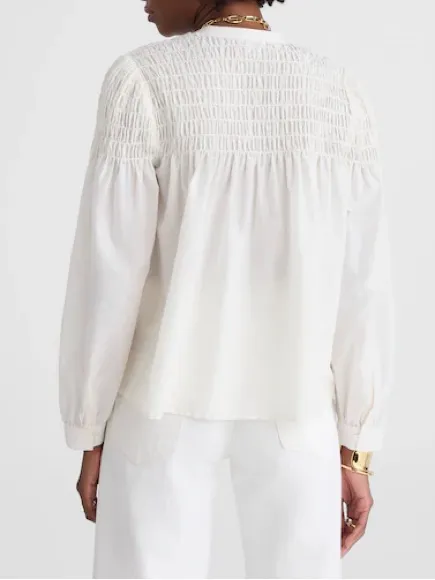 Madewell Smocked Top in Cotton Silk Blend Button Front Shirt Cream Blouse‎ Large - Image 2