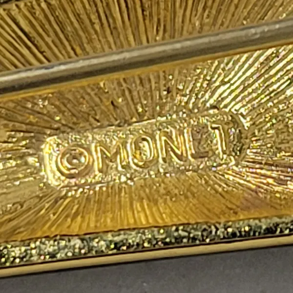 Monet Vintage Enamel Brooch Pin Black Gold Tone Art Deco Statement Jewelry - Image 2
