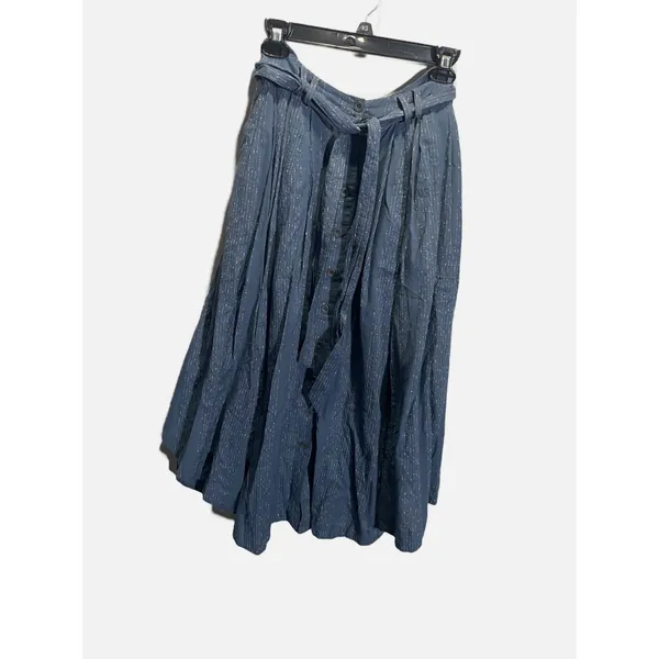 Free People‎ Midi Skirt Womens 2 Blue Metallic Pinstripe Button Front Boho Chic - Image 2