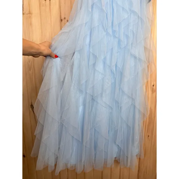 NWT Lulus Delightful Beauty Blue Mesh Strapless Ruched Ruffled Maxi Dress Sz L - Image 7