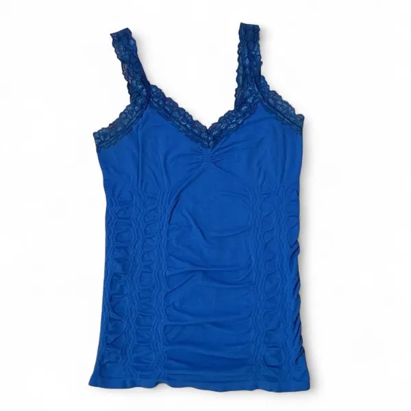 Y2K Royal Blue Lace Trim Cami Tank Top Sleeveless Ruched Shaping‎ Layering - Image 3