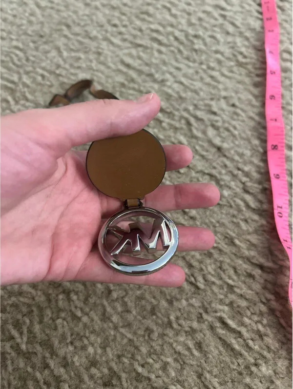10" MICHAEL KORS 1 5/8" MK silver TONE BAG CHARM w/ BROWN LEATHER - Image 2