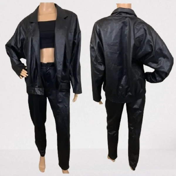 Vintage 1980s Black Faux Leather High Waisted 2pc Pantsuit Set Size 9/10 - Image 2