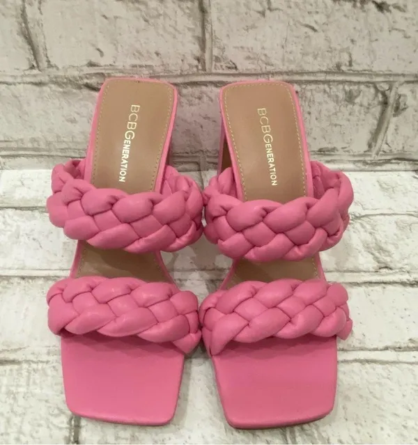 BCBGeneration Pink “Finaa” Slide Chunky Braided Woven Strap Heel Sandal Size 7 - Image 4