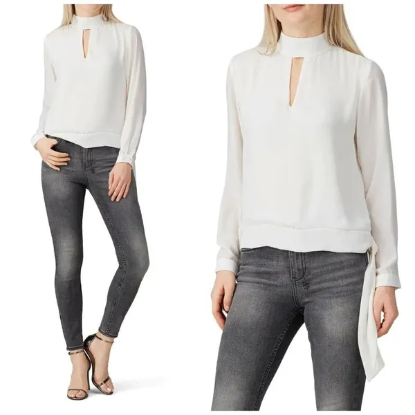 Krisa Ivory Cream‎ High Neck Keyhole Cut Out Front Tie Waist Blouse Size XS - Image 2