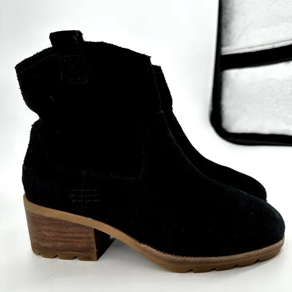 Sorel Cate Pull On Waterproof Suede Rain Ankle Boots Booties Block Heel Black 6 - Image 3