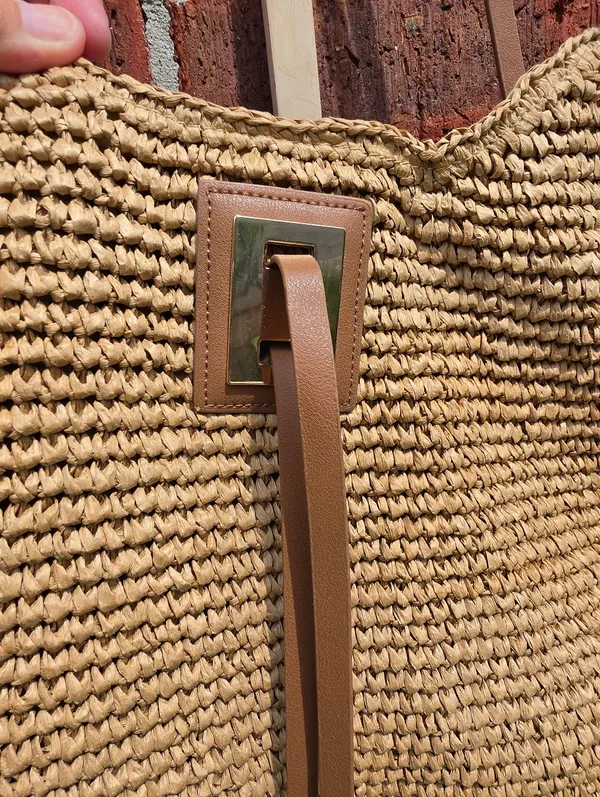 Anthropologie Beige raffia Woven & Brown Leather Tote - Image 3