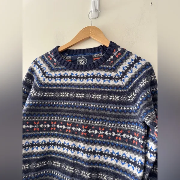 American Eagle Men’s Fair‎ Isle Blue Pattern Sweater Rabbit Hair Cotton Blend - Image 2