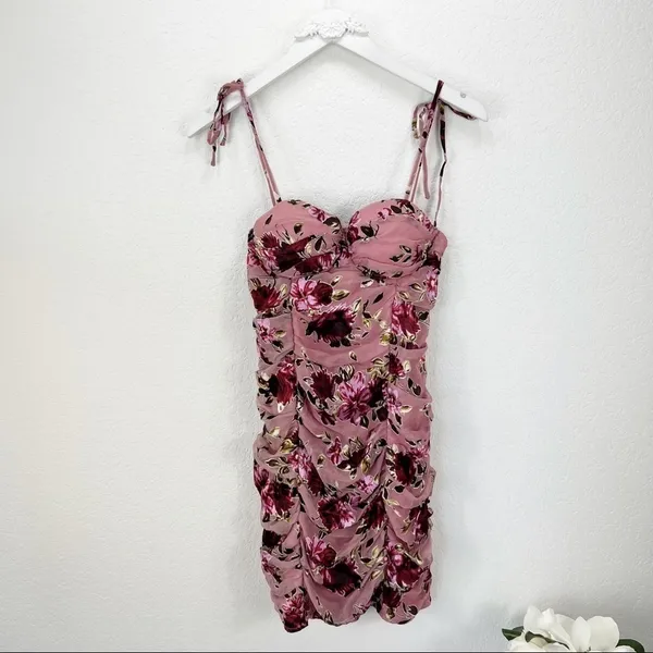 LPA Ruched Dress With Ties in Roses On Roses Pink Floral Revolve Size Small S - Image 4