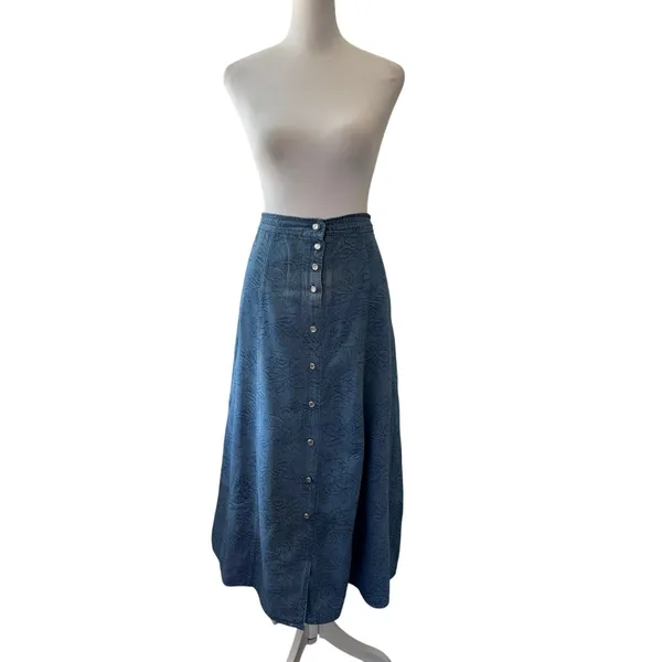 Blue Denim Floral Print Button Front A-Line Midi Skirt - Image 4
