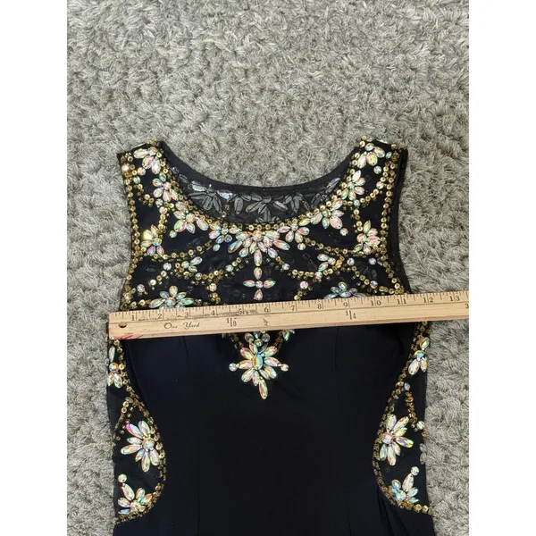 Betsy & Adam Maxi Dress Black Mesh Beaded Rhinestone Gown Sleeveless Crew Neck 2 - Image 9