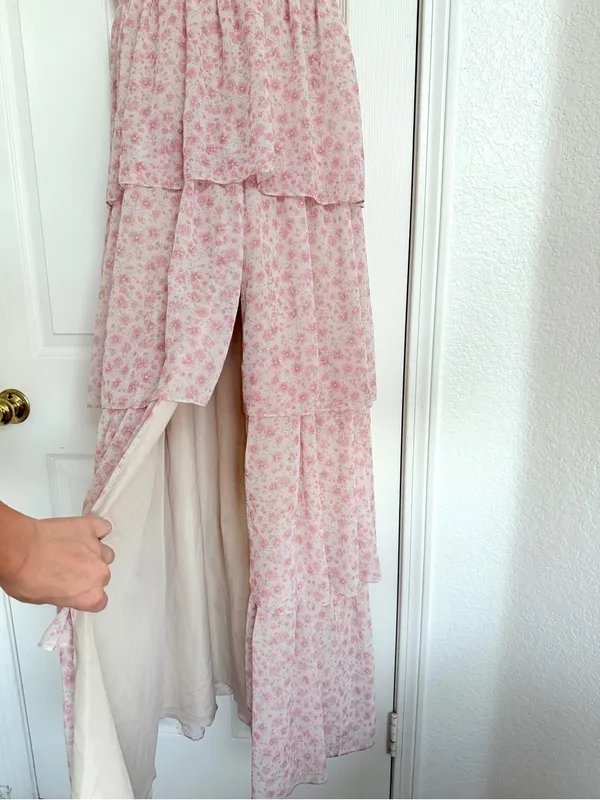 Revelry Poppy Floral Chiffon Ruffle Pink and Ivory Maxi Dress Size 6 - Image 6