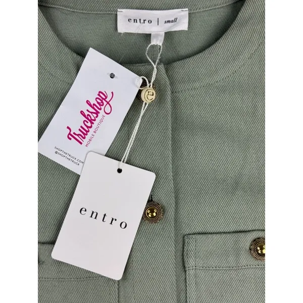 Entro Sage‎ Green Utility Shift Dress Gold Buttons Pockets Small NWT - Image 3