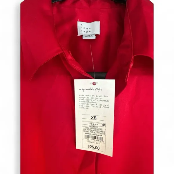 NWT A new day ong Sleeve Collared Satin Button Down Shirt Scarlet Red. XS - Image 6