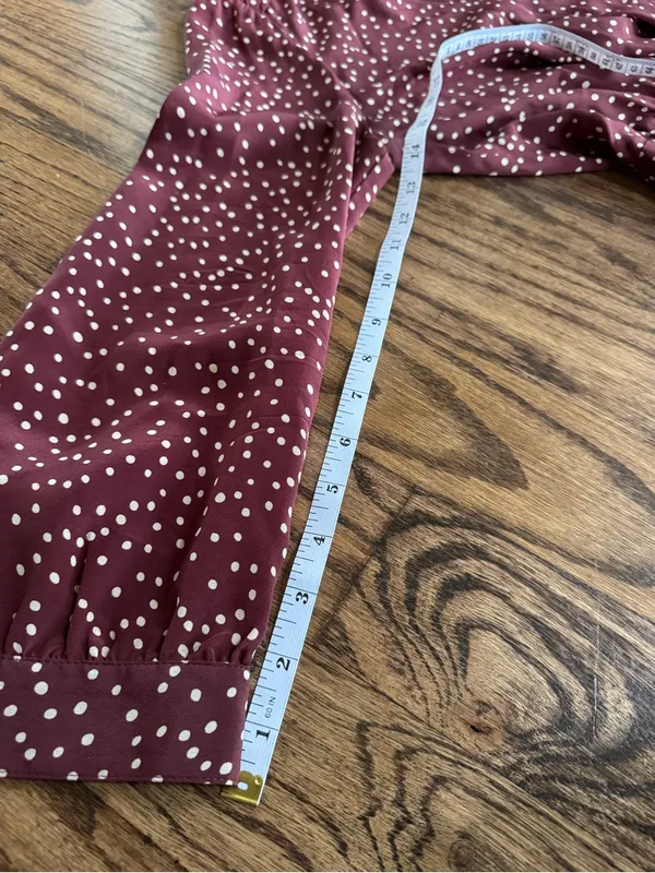Madewell 6 Medium Mini Dress Long Sleeve Burgundy white polka dots Silk Babydoll - Image 5