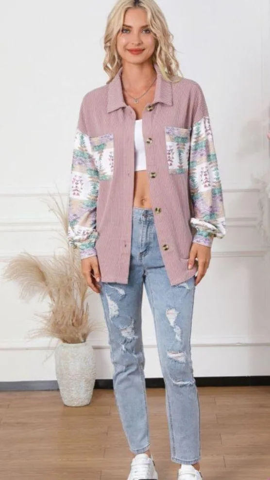 NEW Mauve Pink Aztec Print Corduroy Look Shirt Jacket Shacket - Image 2