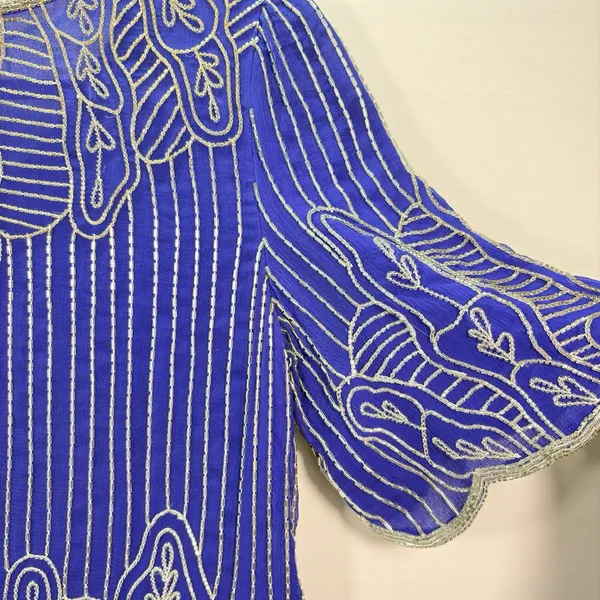 Vintage Royal Blue‎ Silk Beaded Blouse Silver Bugle Bead Scalloped Hem Top Small - Image 9