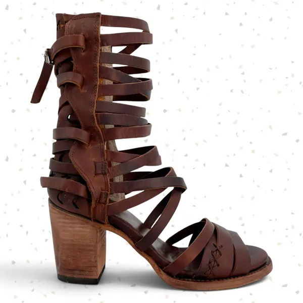 Freebird by Steven Makala Cognac Stars Moons Tall Leather Heeled Sandal Size 10 - Image 6