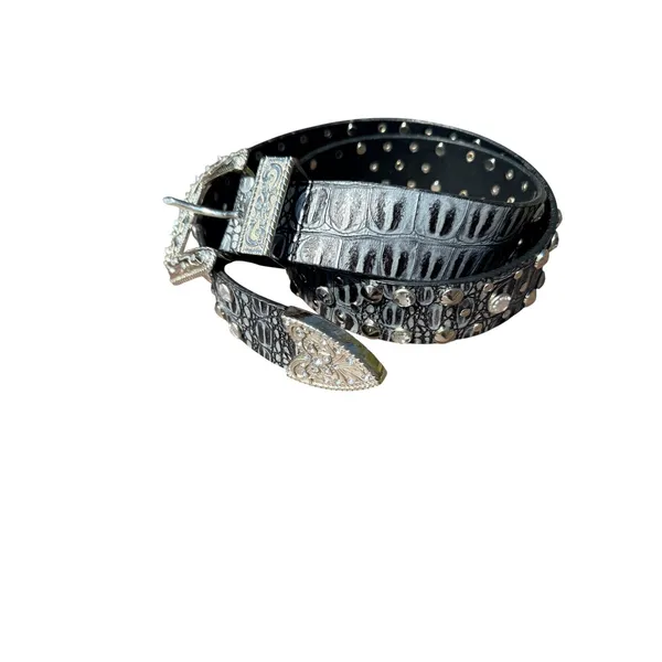 Source Unknown Western Croc‎ Embossed Studded Rhinestone Belt Black Silver Embossed Buckle - Image 3