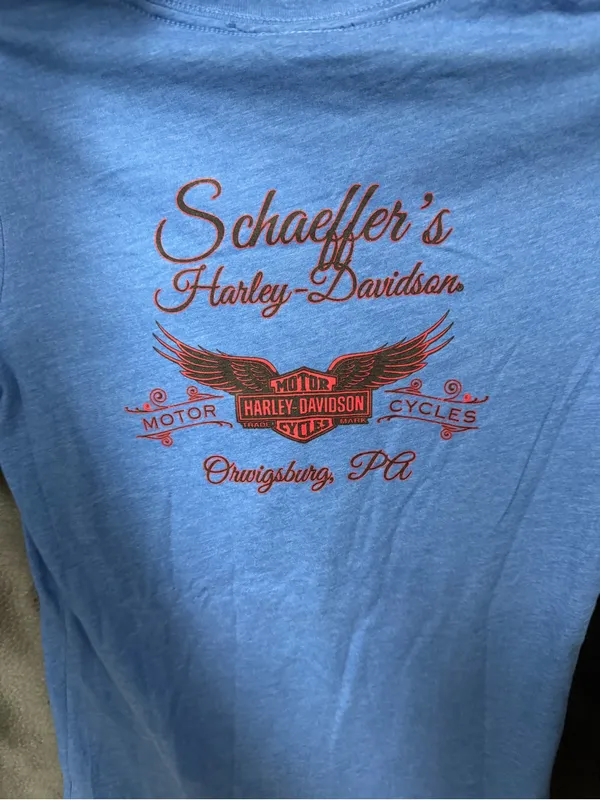 Women’s Schaeffer’s Harley-Davidson Navy Blue Tee with White Script Size Medium - Image 4