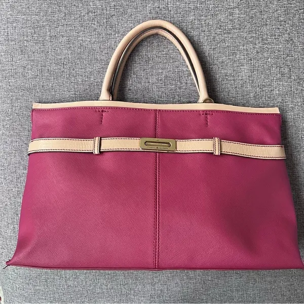 Tommy Hilfiger Leather Purse Magenta Cranberry Tan Double Handle Bag - Image 4