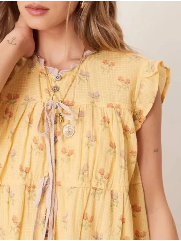 Free People Bohemian Prairie Sundown Mini Dress Tunic Top Sunshine Combo Large - Image 10
