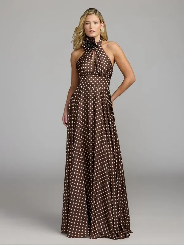 IEENA FOR MAC DUGGAL Size 10 Brown Polka Dot A-Line Halter Gown Rosette FLAWS - Image 4